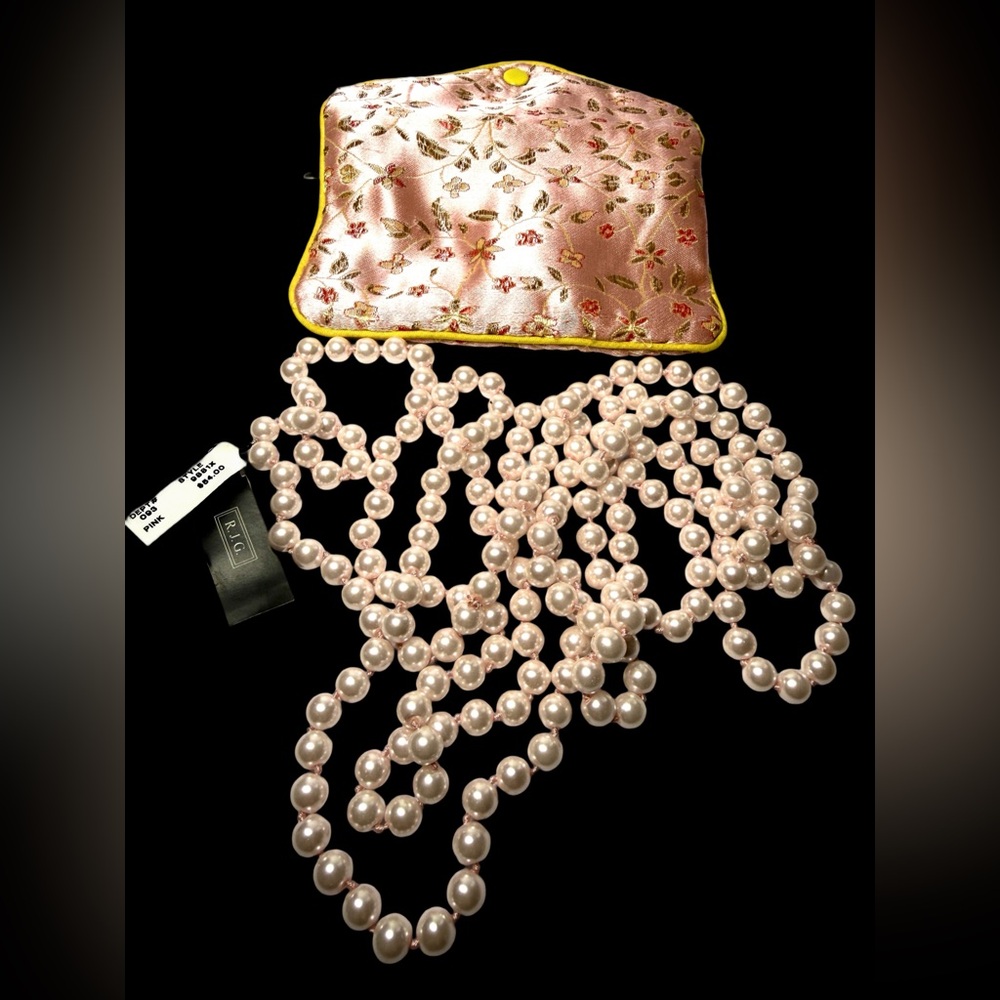 Long Faux Pink Pearl Necklace with  Floral embroidered Pouch